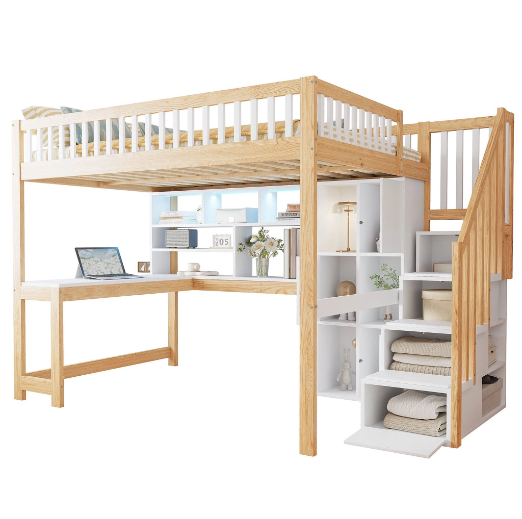 Letto a soppalco 140 x 200 cm con scrivania, ripiani e luce LED