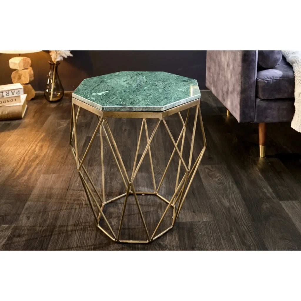 Tavolino basso NEXORA 50 cm in marmo verde e metallo dorato design geometrico