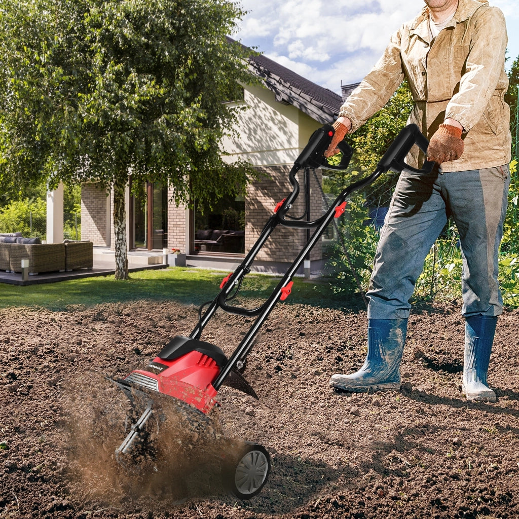 Dissodatore elettrico e coltivatore, Mini coltivatore con maniglia pieghevole e ruote regolabili-Rosso e nero-Attrezzi da giardino