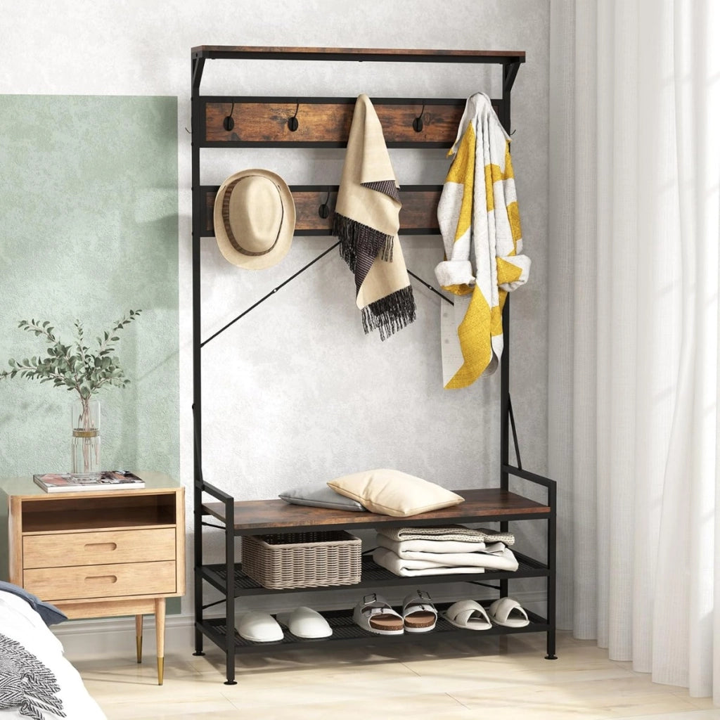 Appendiabiti albero da ingresso 4-in-1 con 11 ganci, Panca per scarpe scarpiera a 2 ripiani Marrone-Appendiabiti