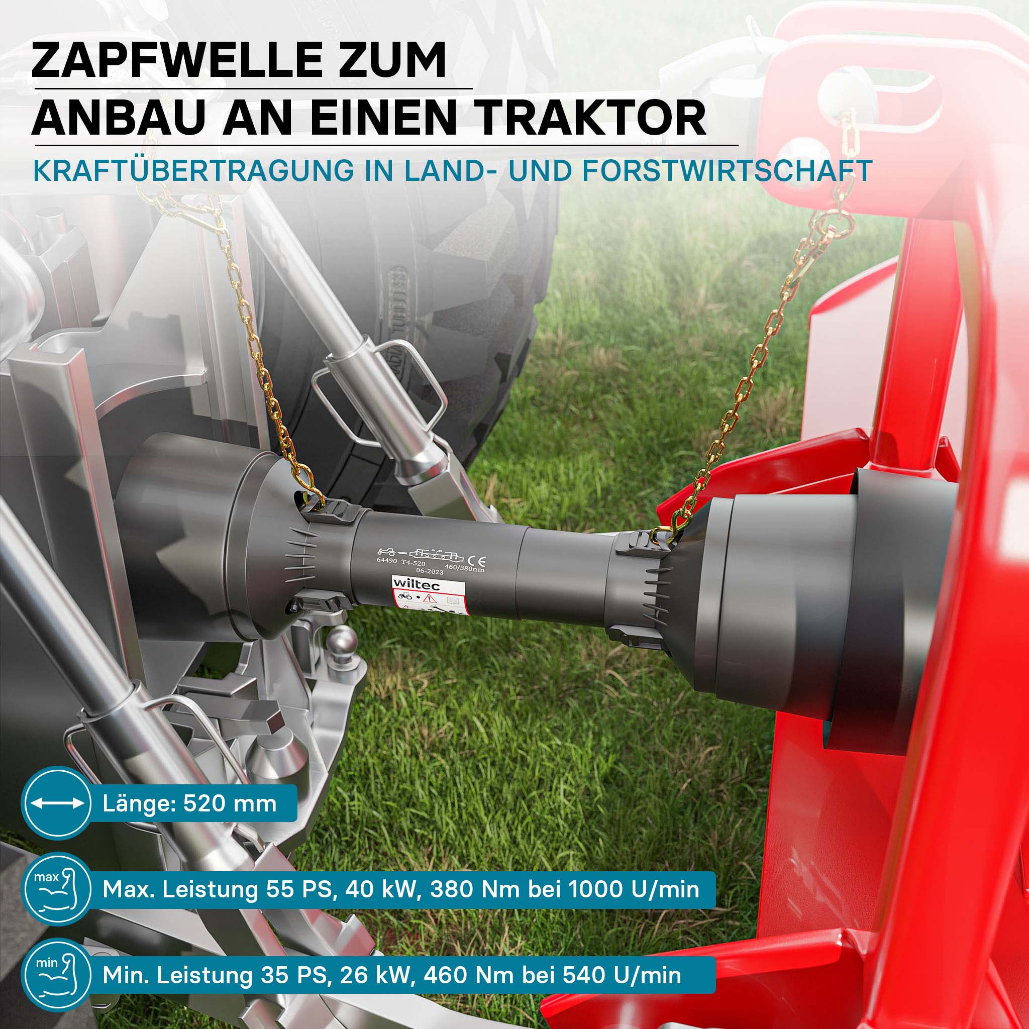 Albero cardanico T4 Giunto cardanico 520mm 460Nm 540rpm Cardano 40kW (55CV) 2x 1 3/8" 6 denti