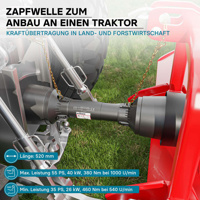 Albero cardanico T4 Giunto cardanico 520mm 460Nm 540rpm Cardano 40kW (55CV) 2x 1 3/8" 6 denti