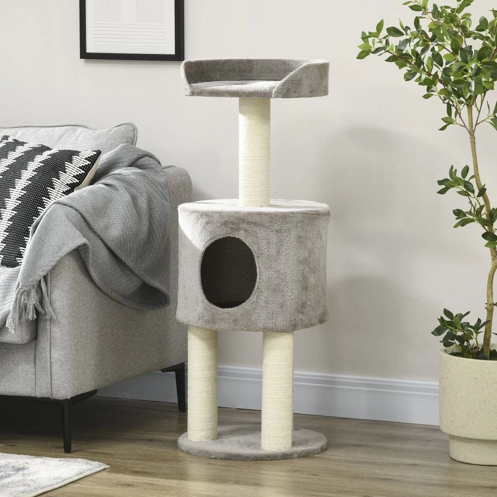 Albero tiragraffi per gatti con piattaforma e nicchia ¨C zephmum ¨C grigio naturale altezza 103 cm