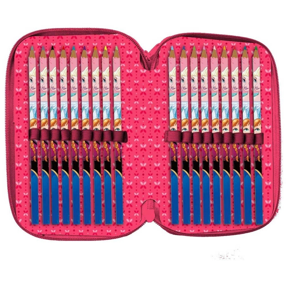 Trade Shop - Astuccio Portapastelli Scuola 3 Zip Frozen Accessoriato Con Pastelli Pennarelli -