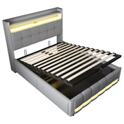 Letto contenitore matrimoniale 140×200 cm con LED; USB e testiera con ripiani; materasso senza; grigio chiaro