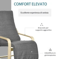Poltrona Relax con Poggiapiedi a 5 Livelli e Poggiatesta in Legno di Betulla e Tessuto, Grigio