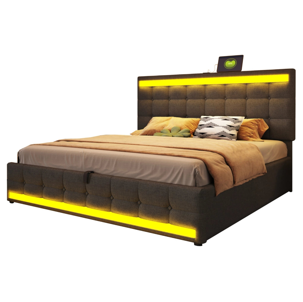 Letto matrimoniale imbottito 180x200 cm con LED RGB; USB e testiera regolabile; grigio