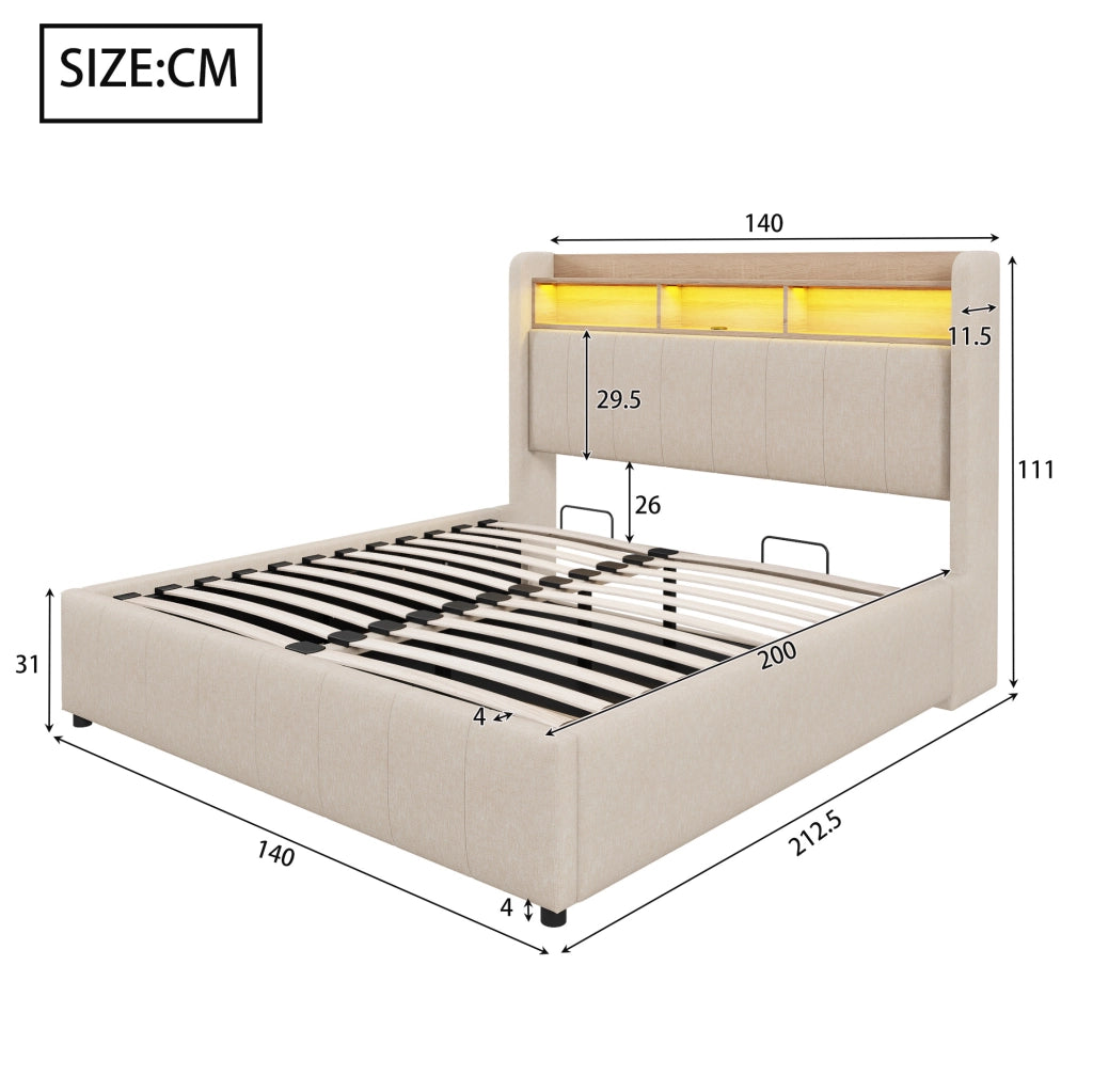 Letto imbottito 140x200 cm con LED, USB e contenitore idraulico