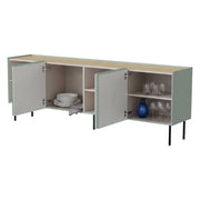 Credenza Sagrado, Madia da salotto con quattro ante battenti e vani interni, Rialzata da terra, 200x40 h70 cm, Verde e Rovere