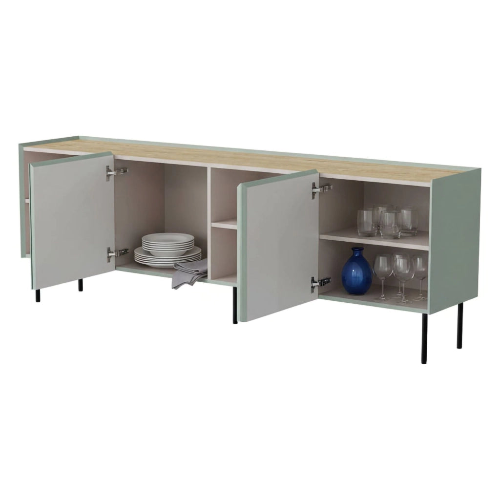 Credenza Sagrado, Madia da salotto con quattro ante battenti e vani interni, Rialzata da terra, 200x40 h70 cm, Verde e Rovere