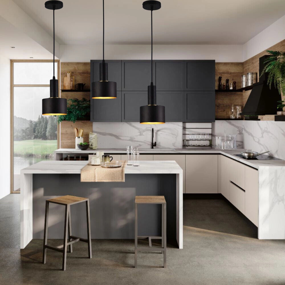 Trade Shop - Lampadario A Sospensione Soffitto E27 Lampada Pendente Minimal Per Cucina Isola Snack A22 - Nero