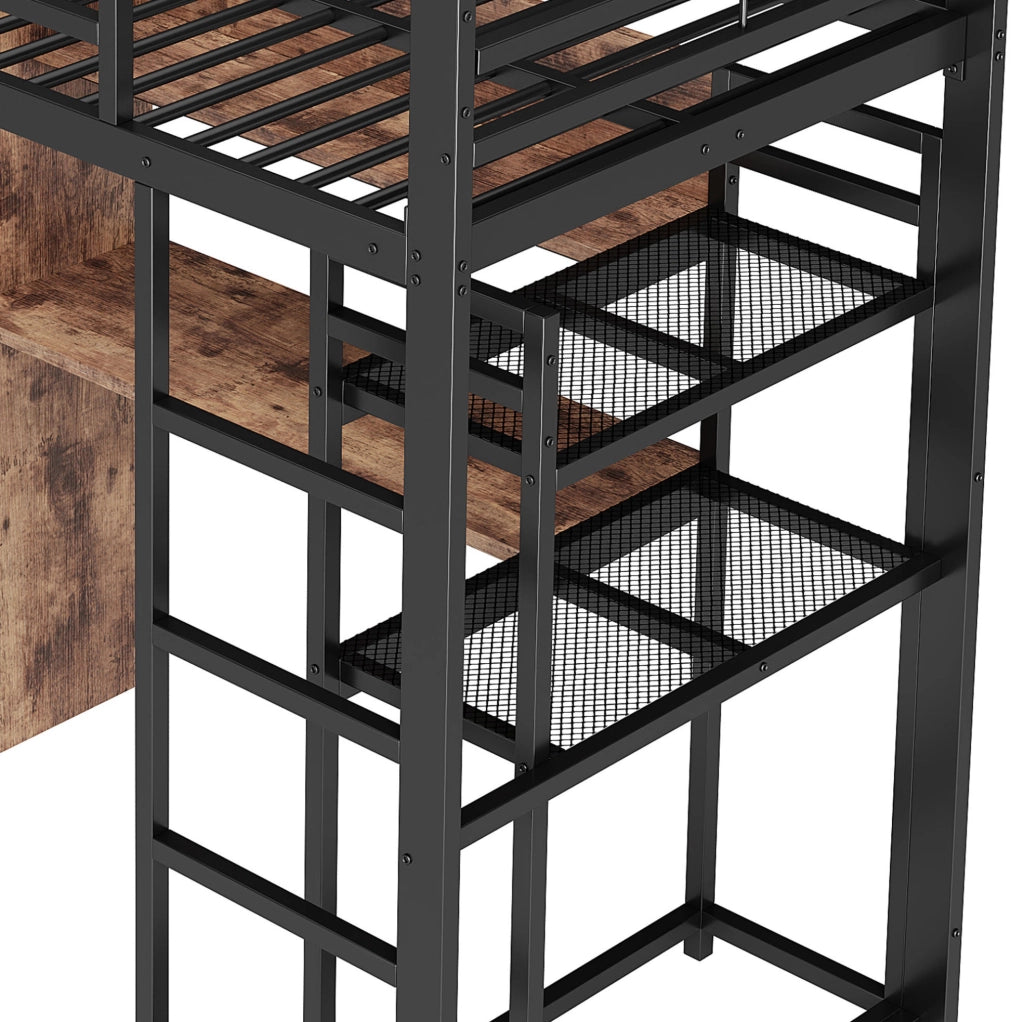 Letto a soppalco 90x200 cm nero con scrivania, LED, cassetto e ripiani