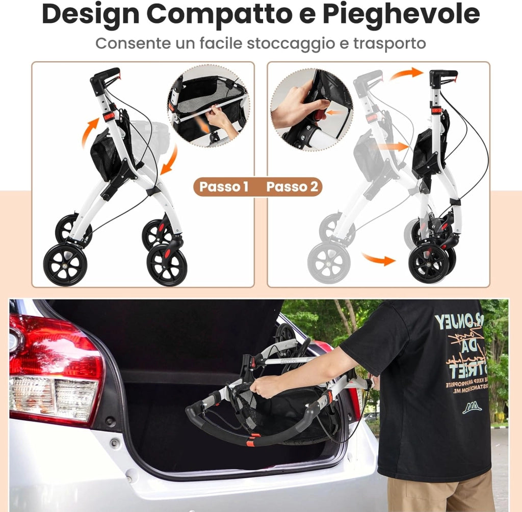 Deambulatore Sedia a Rotelle Pieghevole, Deambulatore per Anziani Leggero con Vassoio, Cesto, 4 Ruote e Freni, Deambulatore Regolabile in Altezza e Adatto per Spazi Stretti