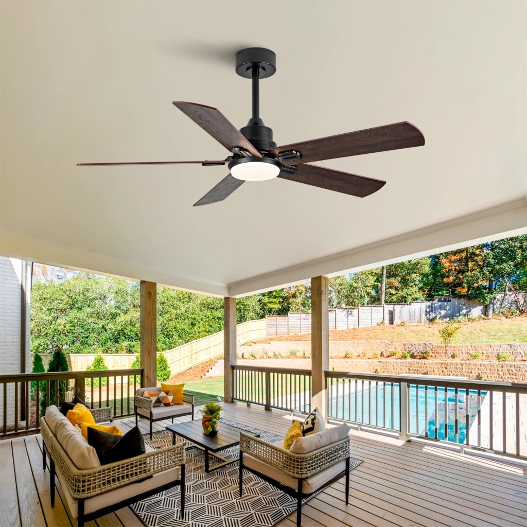 Ventilatore da soffitto nero con luce e telecomando 6 velocità motore DC reversibile 52 pollici metallo e legno