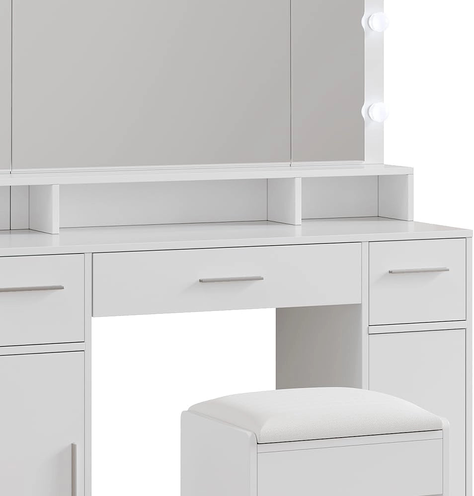 Tavolo da toilette Lumira, Bianco, 110 cm con specchio LED e sgabello, con controllo touch e seduta regolabile in altezza
