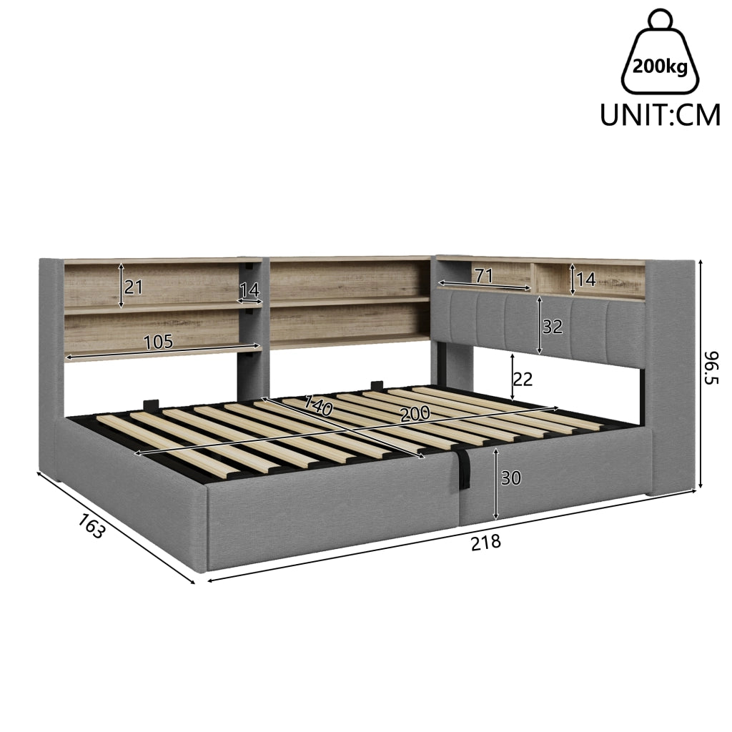 Letto Contenitore Matrimoniale LEMONMAX 140x200 cm con Sollevamento Idraulico, LED APP, USB-A/USB-C e Modulo Laterale, Velluto Grigio