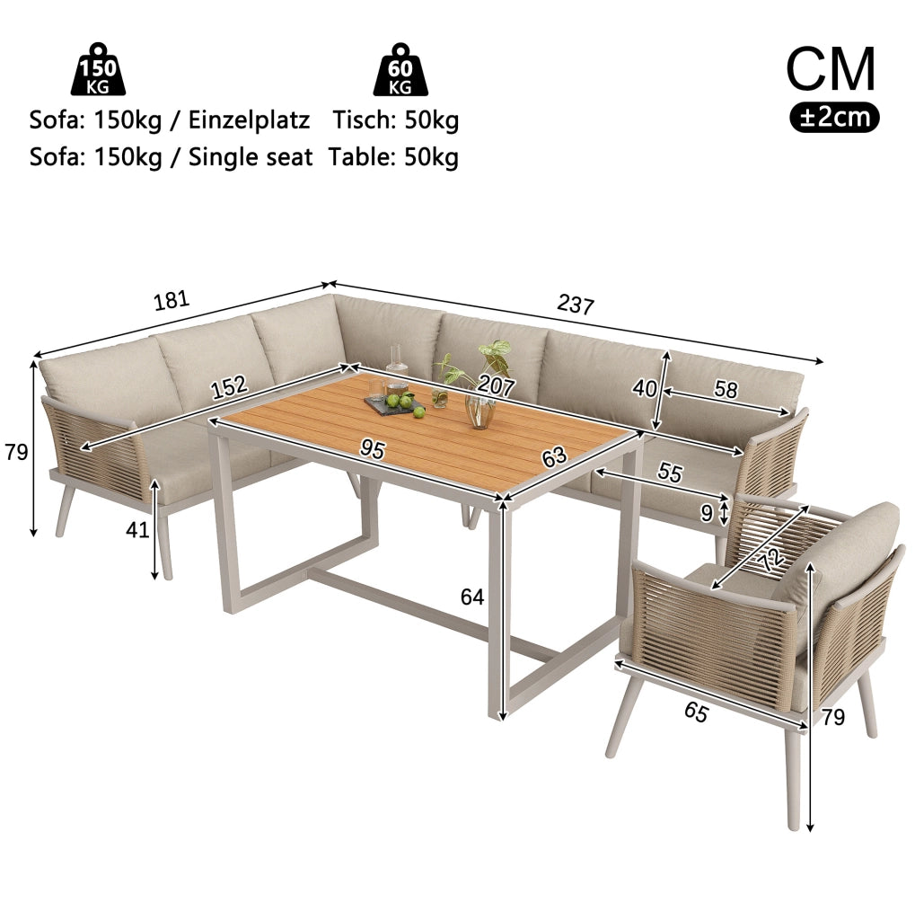 Set da giardino 7 posti con divani componibili e tavolino; ferro beige