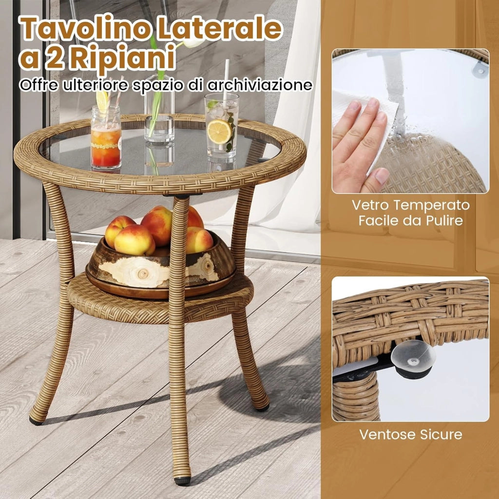 Set da Bistrò in PE Rattan 3 Pezzi, Set Conversazione con Cuscini e Tavolino da Caffè in Vetro Temperato a 2 Livelli, Mobili da Esterno con Sedie in Rattan per Balcone, Terrazza e Giardino