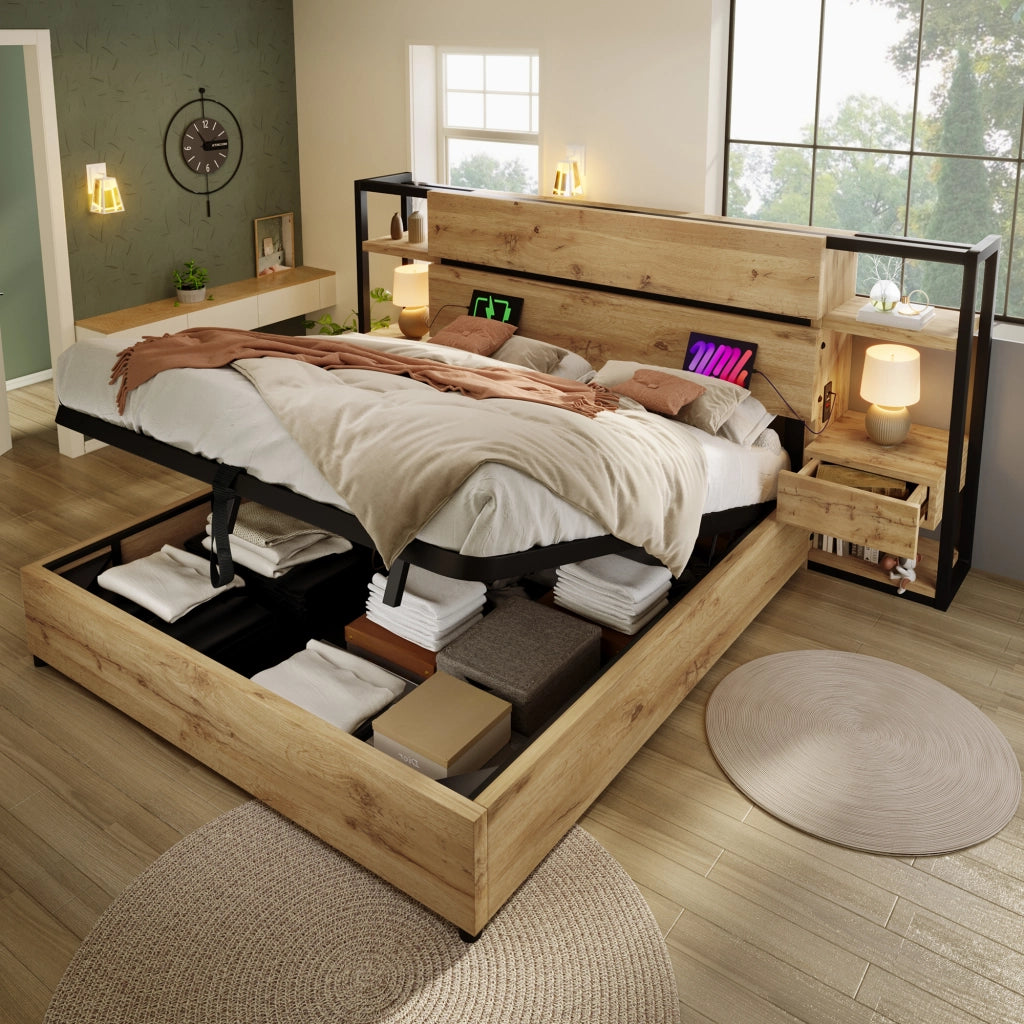 OKWISH Letto contenitore 180×200 cm, Letto Matrimoniale con Vano Contenitore, 2 Cassetti, USB, Tipo C e Testiera con VanI, senza Materasso, Rovere