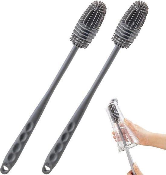 Set di spazzole in silicone per bottiglie e bicchieri - Acciaio lungo e materiale morbido per una pulizia sicura e approfondita