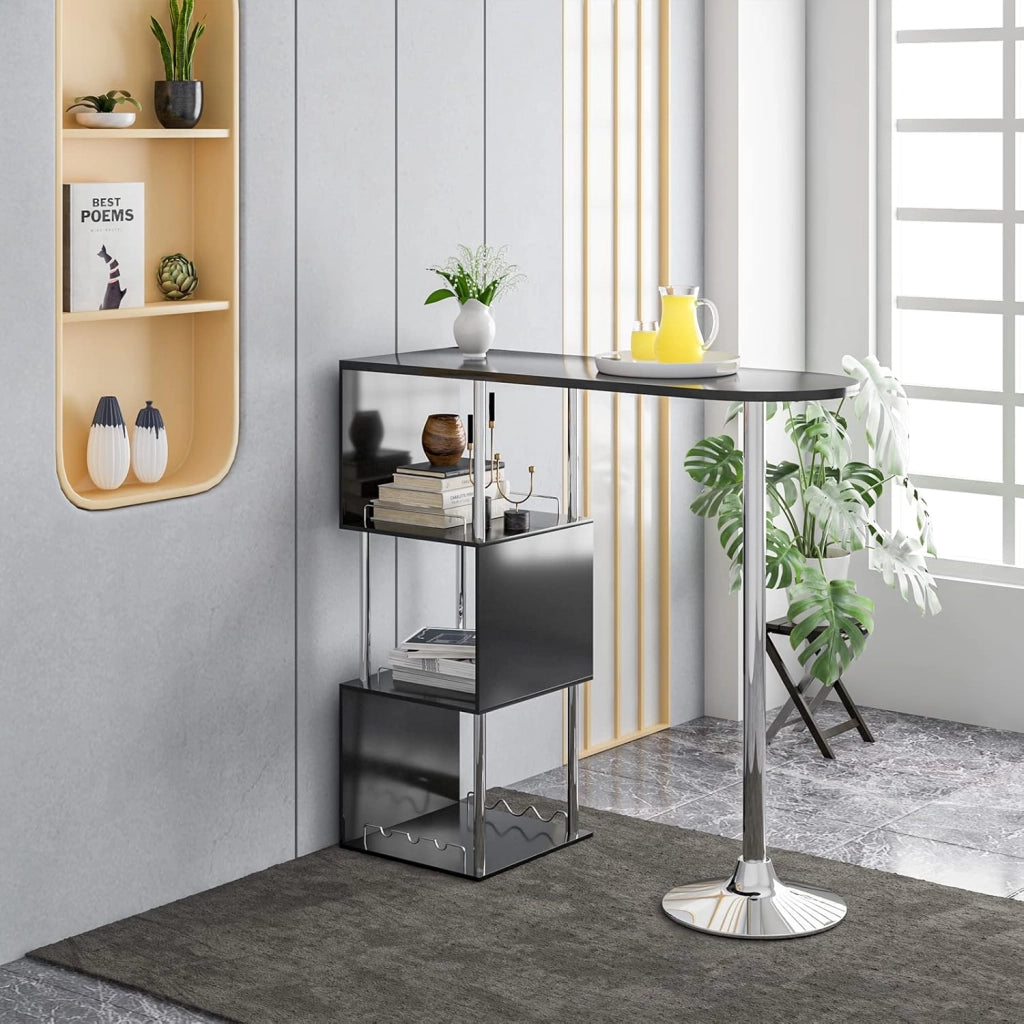 Tavolo da Bar con 3 Ripiani con Portabottiglie Vino, Bancone per Cucina in Metallo & MDF, Tavolo Alto per Home Bar, Cucina, 113 x 40 x 105 cm, Nero