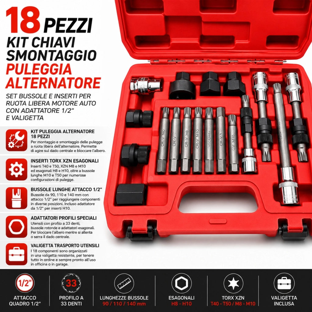 Kit 18 Chiavi Smontaggio Puleggia Alternatore Auto Valigia CBC003