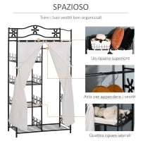 Armadio Guardaroba Appendiabiti con 5 Ripiani e 2 Tende, 84 x 42 x 158.5cm, in Metallo Nero con Decori a Fiori