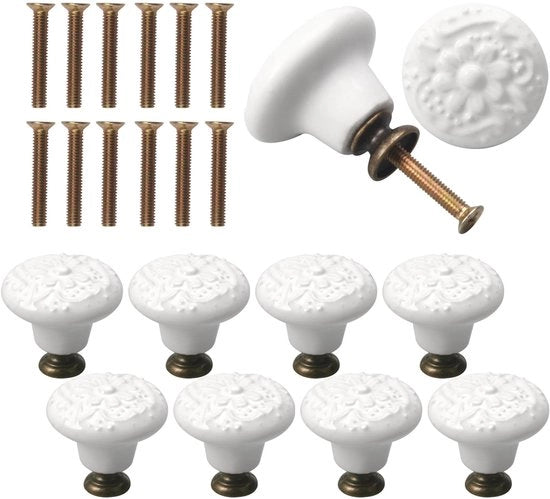 Knoppi per maniglia 34 mm - Ceramica bianca - Maniglie decorativi per mobili - Maniglie a forma di cesto/piedistallo - Disegno a fiori - Effetto decorativo