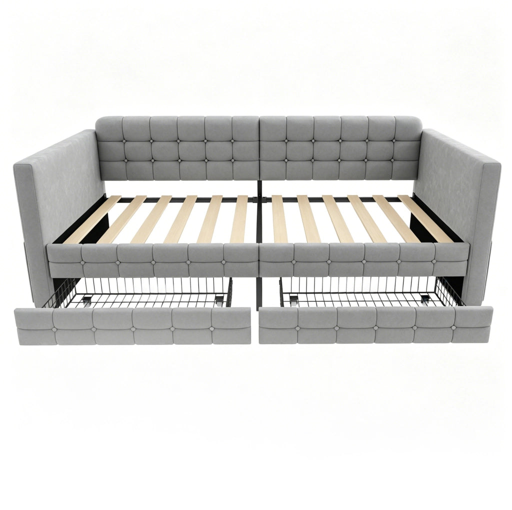 Letto imbottito 90x190 cm con contenitore e tasche in velluto grigio chiaro