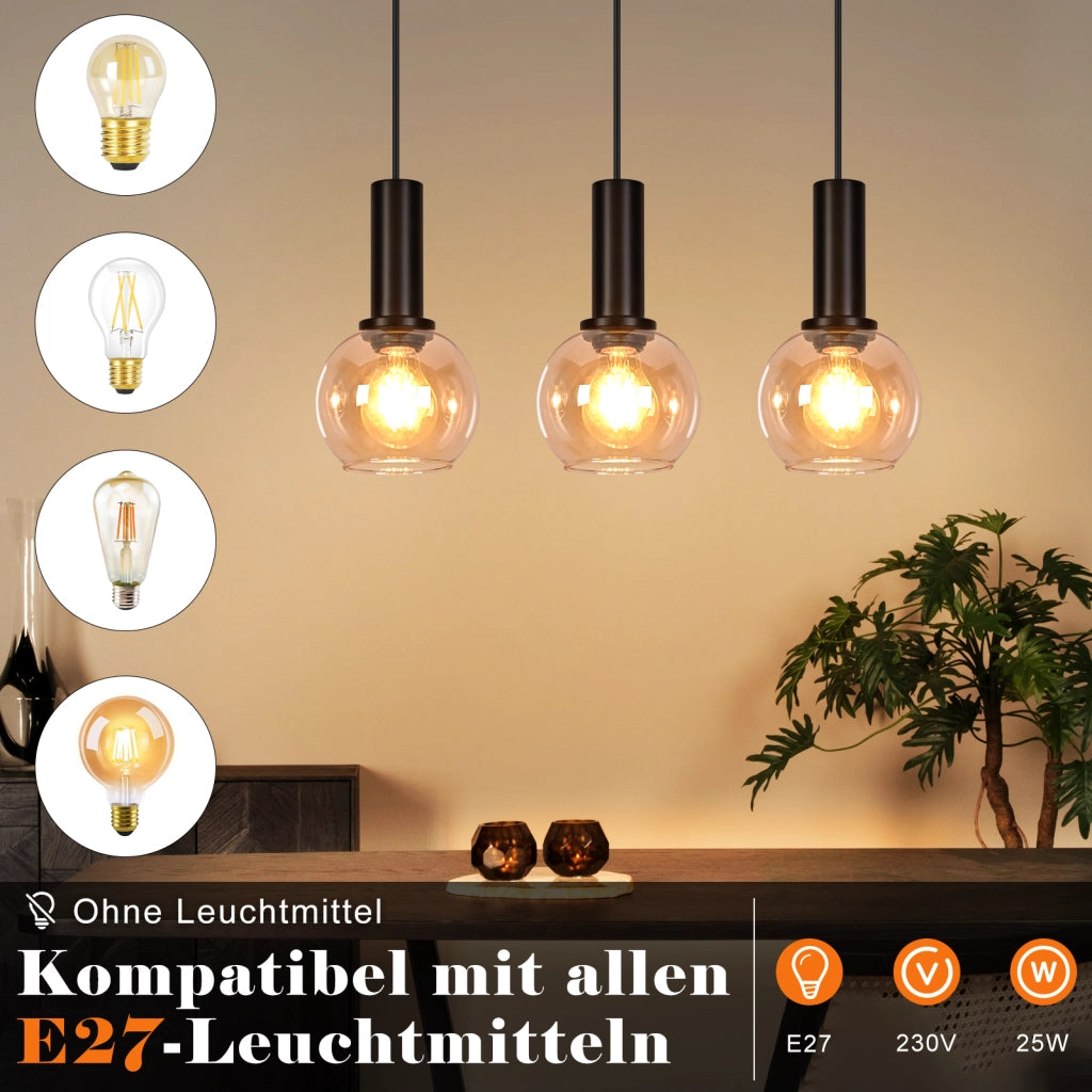 ZMH Lampada a Sospensione 3Luci Vintage in Vetro Oro Altezza Regolabile E27 per Sala da Pranzo Soggiorno Senza Lampadina