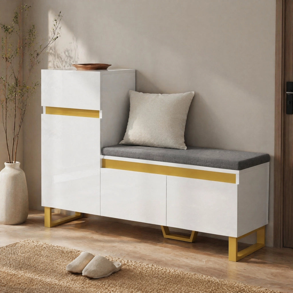 SCARPIERA con panca 120x35x85 cm Bianco Lucido e Oro