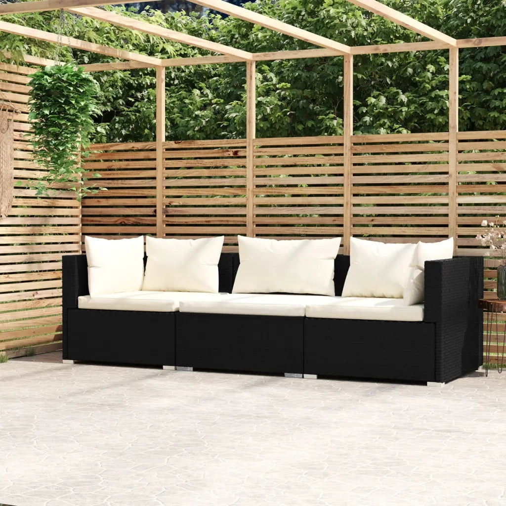 Divano a 3 Posti con Cuscini Nero in Polyrattan cod mxl 35477