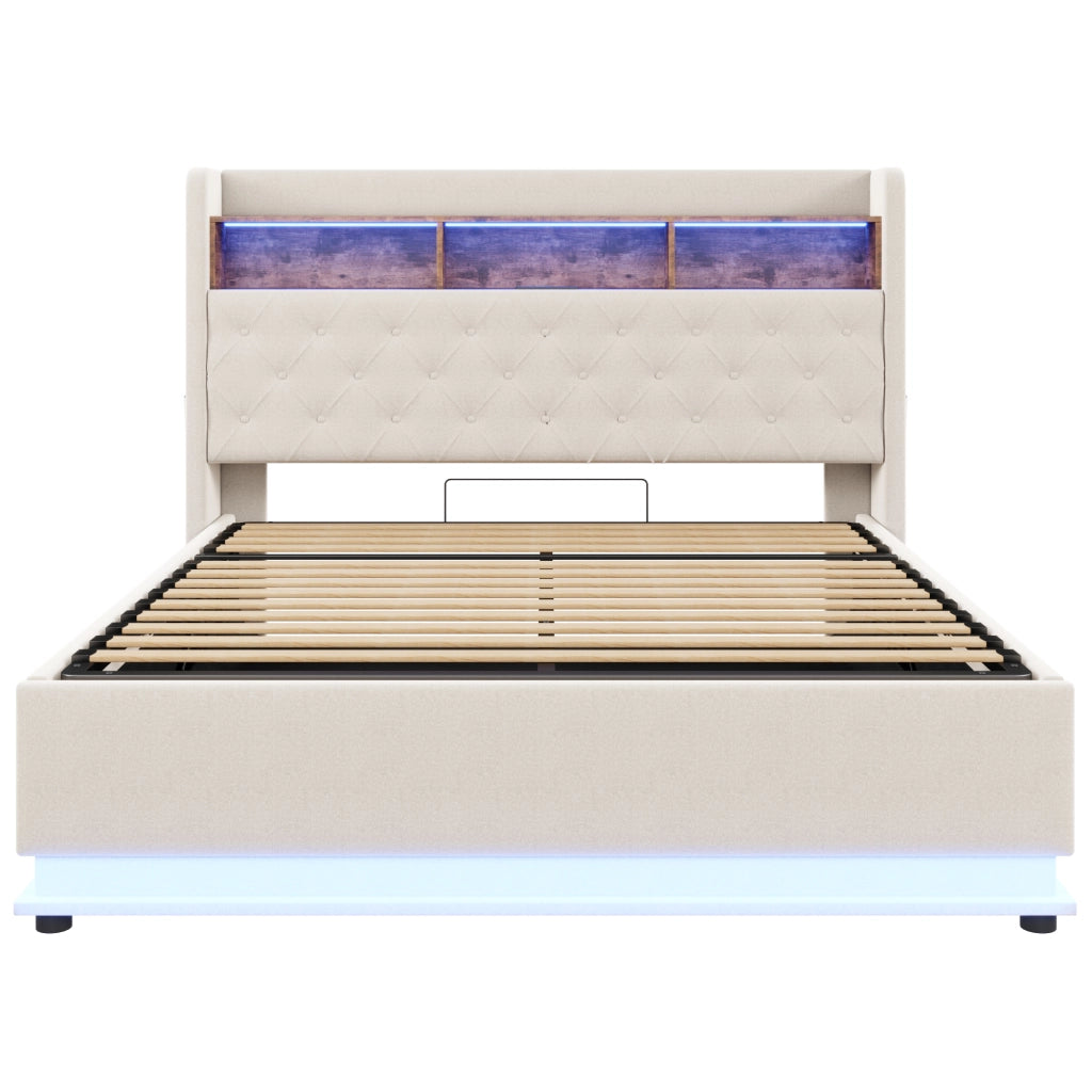 Letti contenitori 180x200 cm; luci LED multicolore e USB; tessuto; beige
