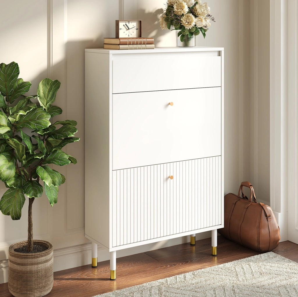 Mobile portascarpe stretto con 2 ante a ribalta e cassetto; 65x24x104 cm; bianco