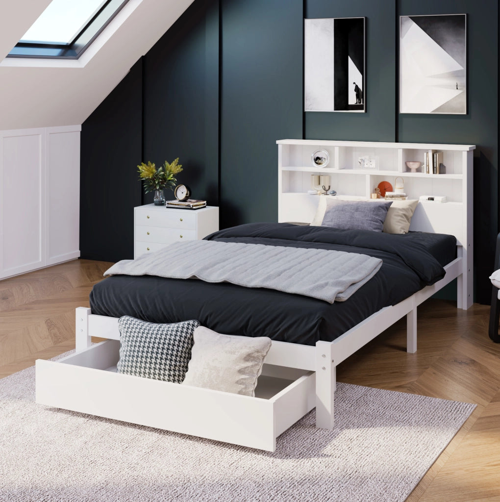 Letto singolo 90x200 cm bianco con cassetti e libreria