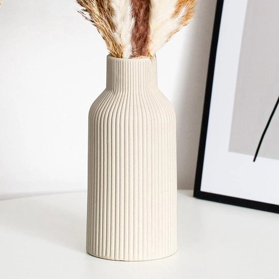 Vaso ceramico per pampas - Piccola vasca per decorazione in tavolo da pranzo, libreria, camino ecc. - Stile bohemien moderno semplice (beige)