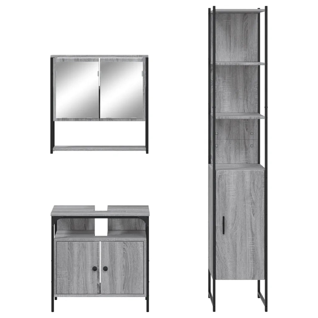 Set Mobili da Bagno | Armadio da bagno 3 pz Grigio Sonoma in Legno Multistrato