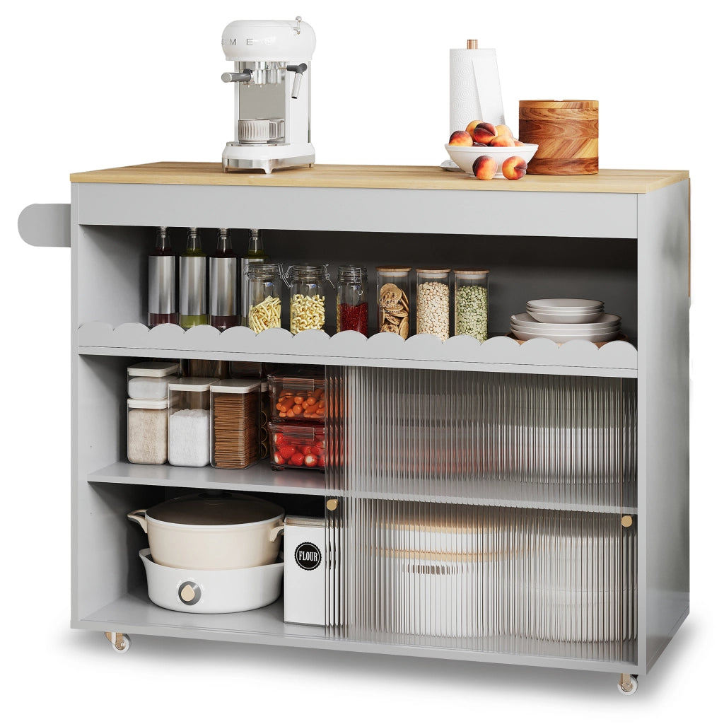 Isola Cucina Mobile 122x46/69x91 cm Grigia con Piano Ribaltabile, Ante in Vetro e 5 Ruote