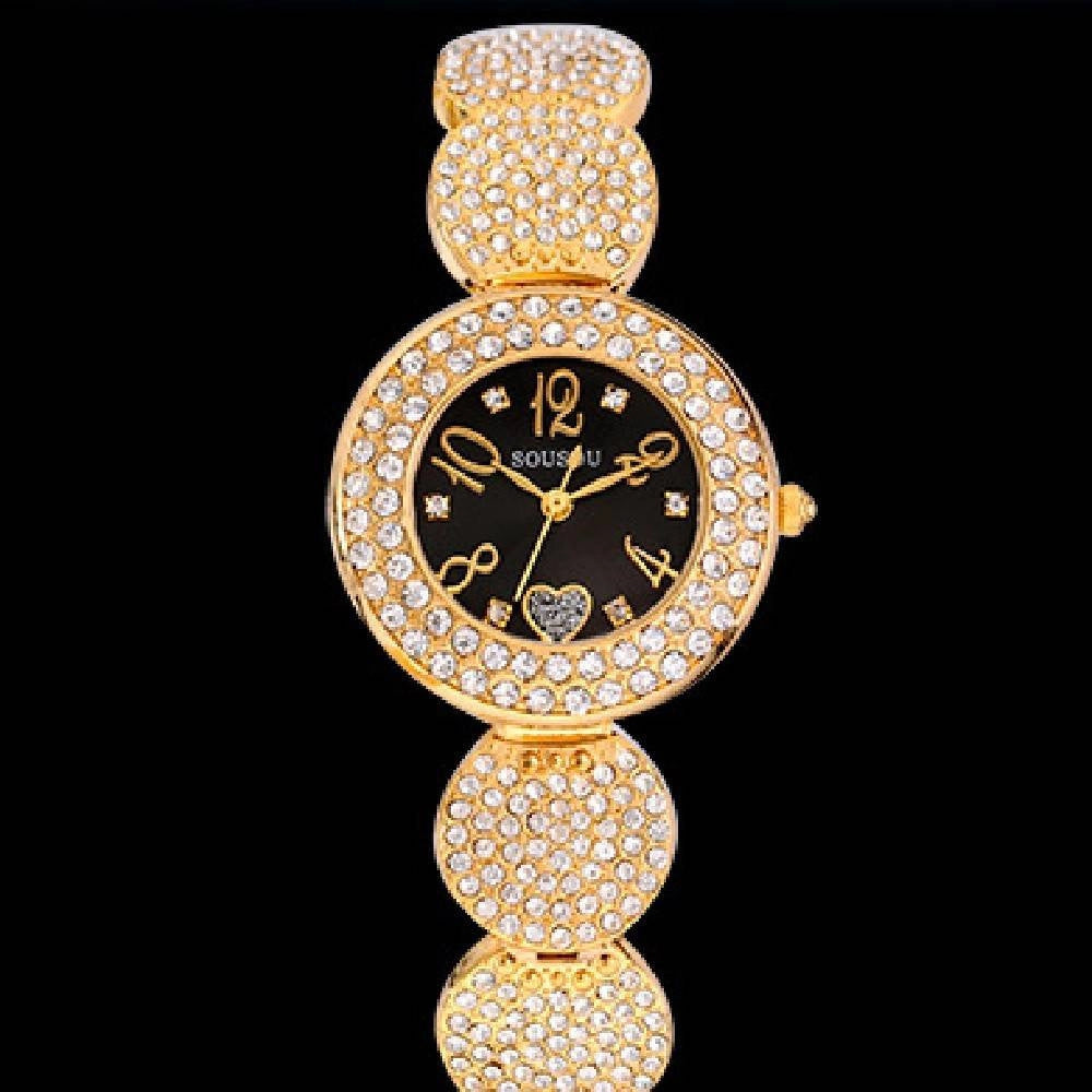 Trade Shop - Orologio Polso Sousou S6097 Donna Cuore Brillantini Movimento Quarzo Dorato Nero -