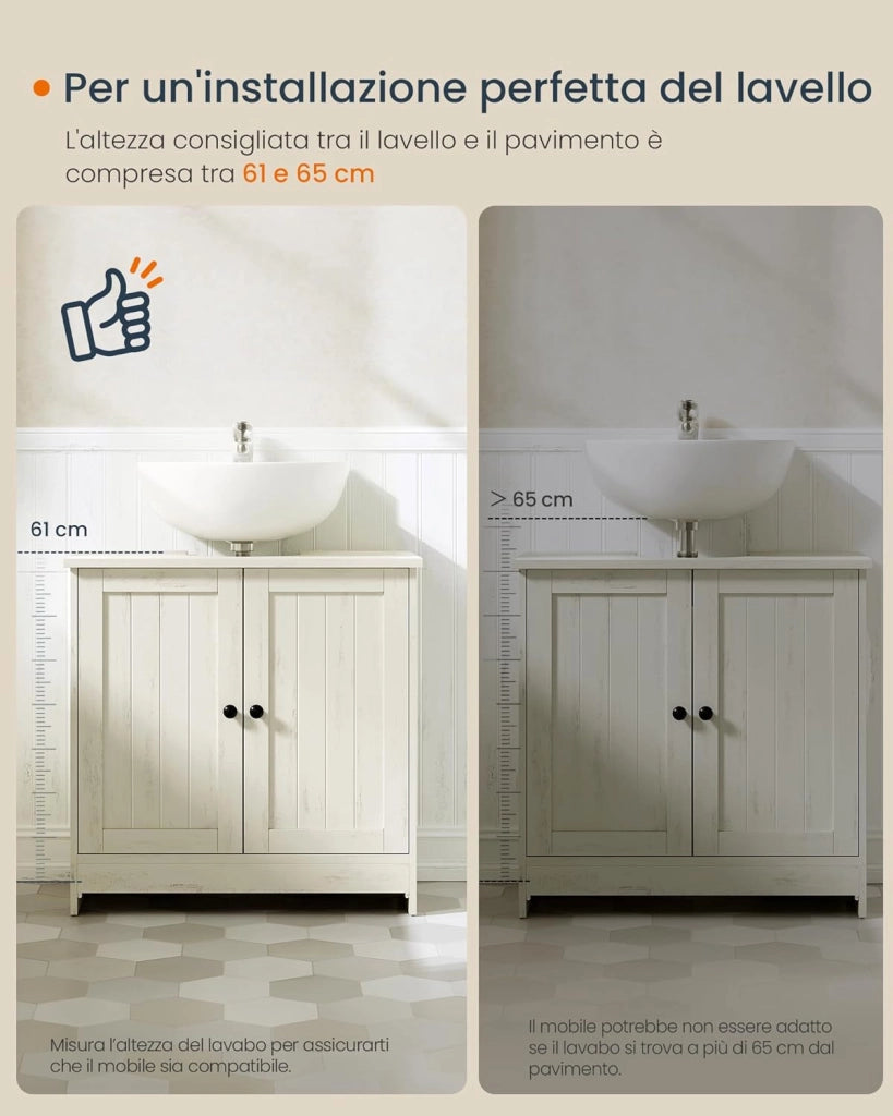 Mobile Sottolavabo da Bagno, Montaggio Rapido Senza Attrezzi Toolless, Mobiletto con Ripiano Regolabile per Lavabo senza Colonna, Bianco Vintage BBC222WJ01