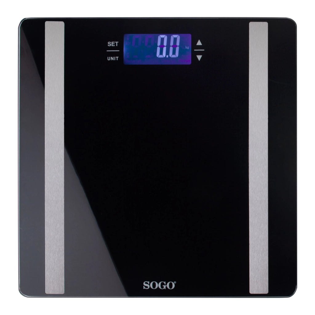 Bilancia pesapersone digitale con misurazione massa grassa e acqua corporea, display LCD, memoria 10 utenti, vetro temperato 6mm - SOGO