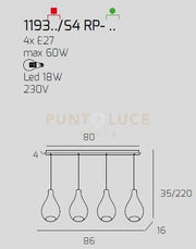 SOSP. OTTONE SAT. 4 LUCI RETTANGOLARE VETRI PICCOLI (1XAM+1XBR+1XFU+1XTR) 1193OS-S4 RP-MC