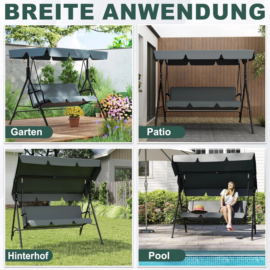 Dondolo da giardino a 3 posti, con rivestimento regolabile sul tetto, panca a dondolo da giardino, altalena sospesa, portata fino a 200 kg, 193 x 110 x 152 cm, antracite