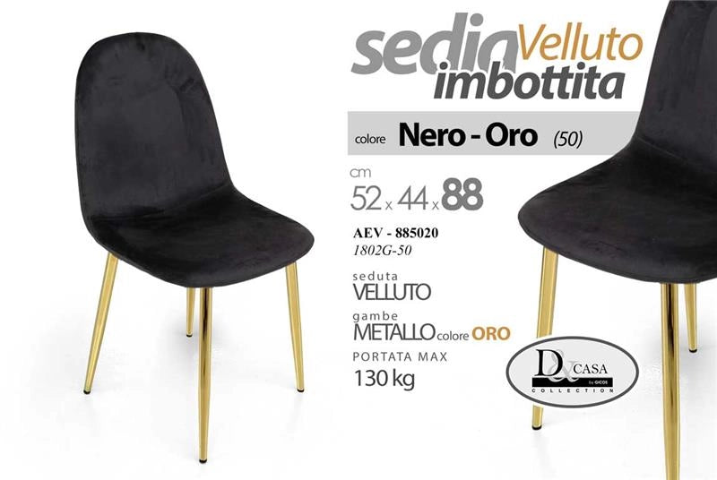 SET 4 SEDIE IN VELLUTO IMBOTTITE NERO STRUTTURA IN METALLO GAMBE ORO 52X44X88 CM