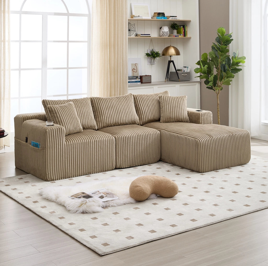 Divano modulare ULEVR con chaise longue e modulo 2 posti, 5 cuscini, portabevande e tasche laterali, velluto a coste kaki