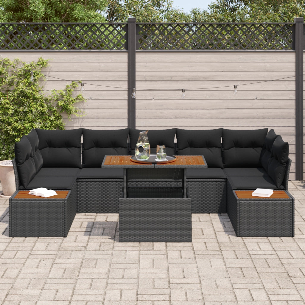 Set Divano da Giardino 8 Pezzi con Cuscini Nero Rattan Polietilene
