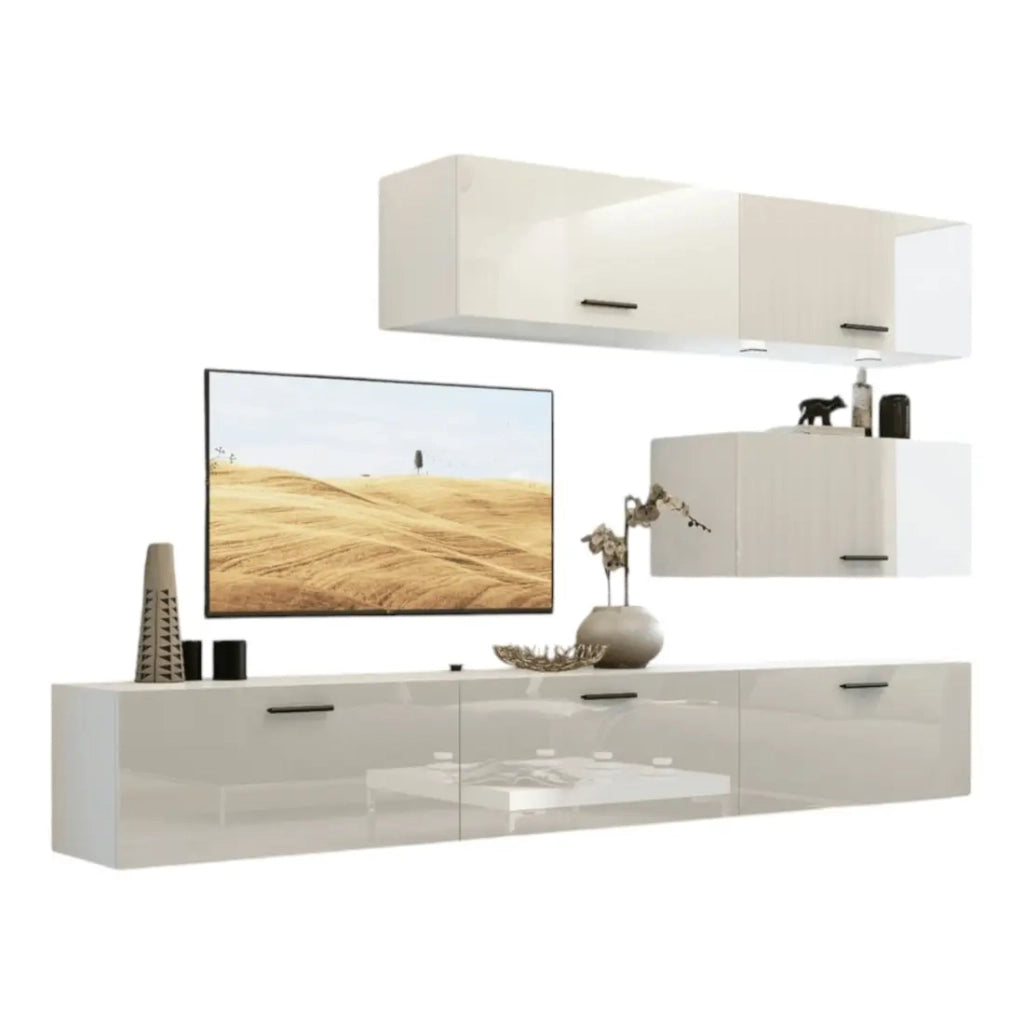 Set di mobili da soggiorno bianchi sospesi collezione CEPTO XXV. 249cm, 6 mobili, LED, modulari.