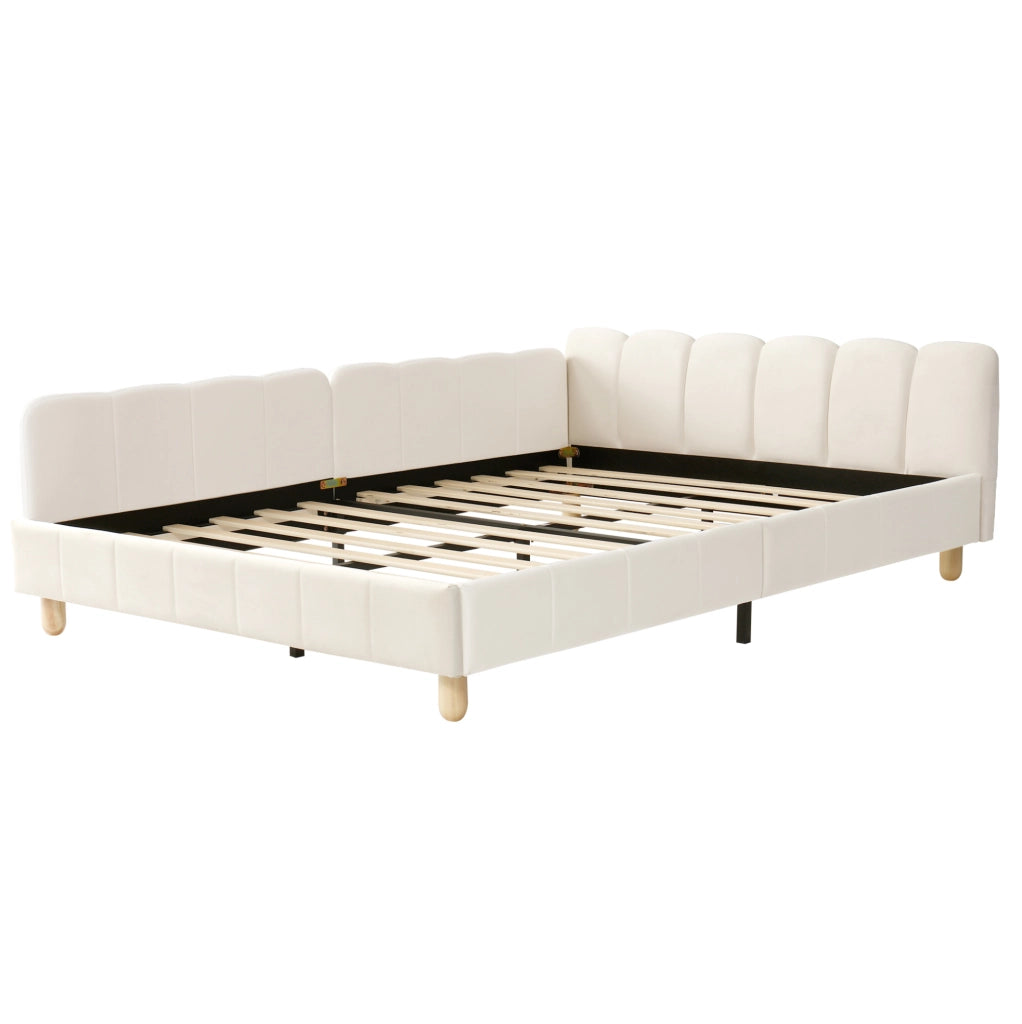 Letto 140x190 cm in velluto beige con rete a doghe e braccioli con tasche