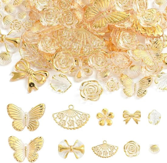Set di perle acriliche trasparenti da 100 pezzi per creare gioielli e oggetti di decorazione - Forme diverse comprensive di rosa e fiore - Adatto per cover per smartphone e decorazione di interni