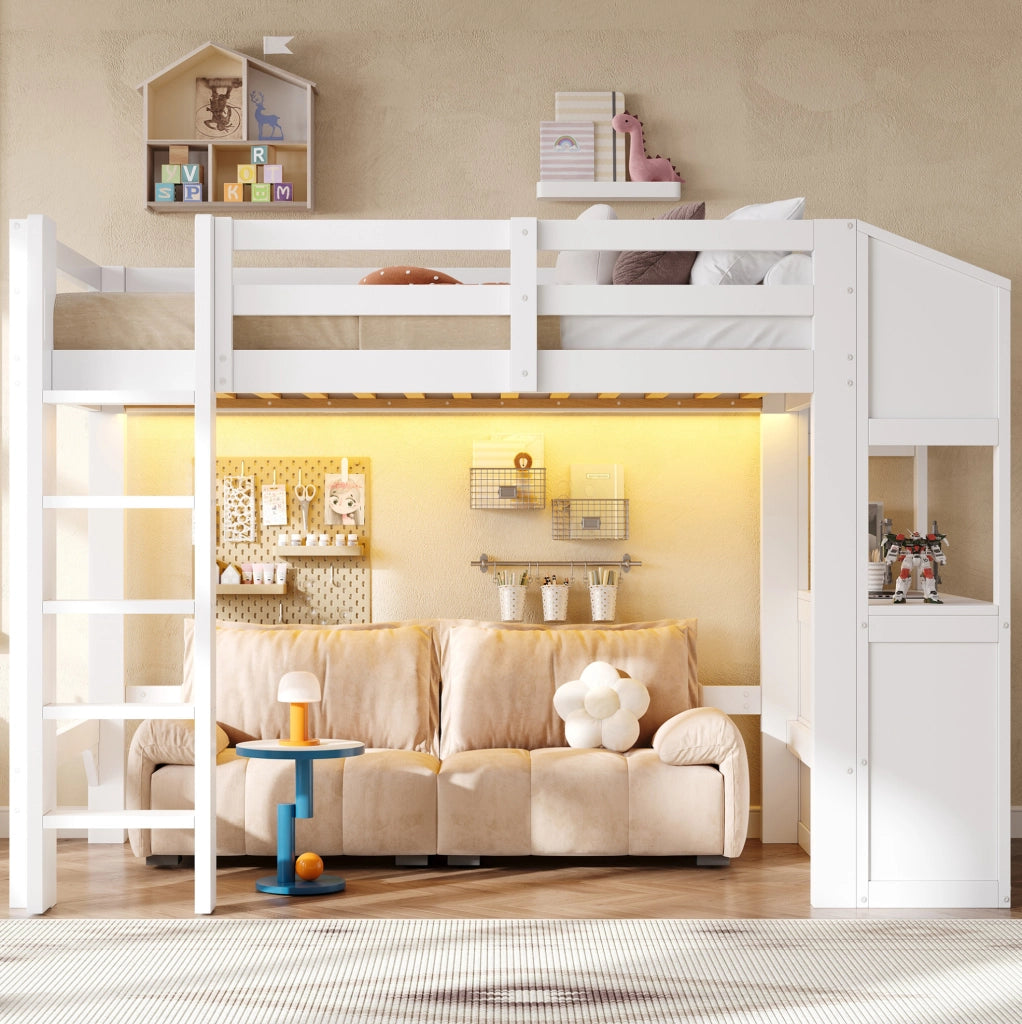 Letto a soppalco 90 x 200 cm con LED, 3 cassetti e ripiani bianco